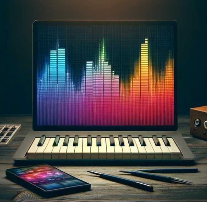 Colorful audio spectrum display on a monitor above a MIDI keyboard, representing beat production services