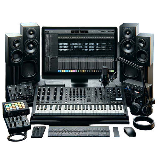 Professional music production studio setup with computer, MIDI keyboard, drum machine, studio monitors, and headphones