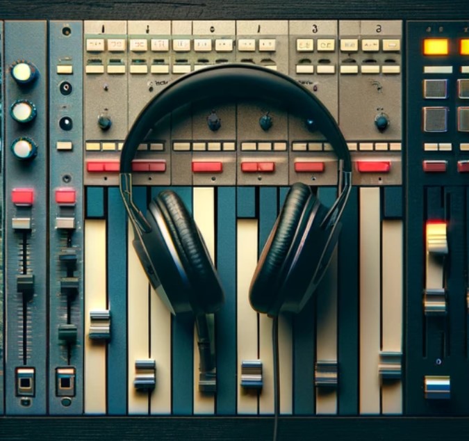 Professional headphones hanging on a mixing console, symbolizing mixing and mastering services